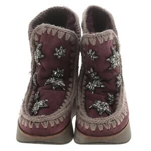MOU Eskimo 18 Crystal 3D Stars flat sheepskin shearling comfy boots burgundy 40